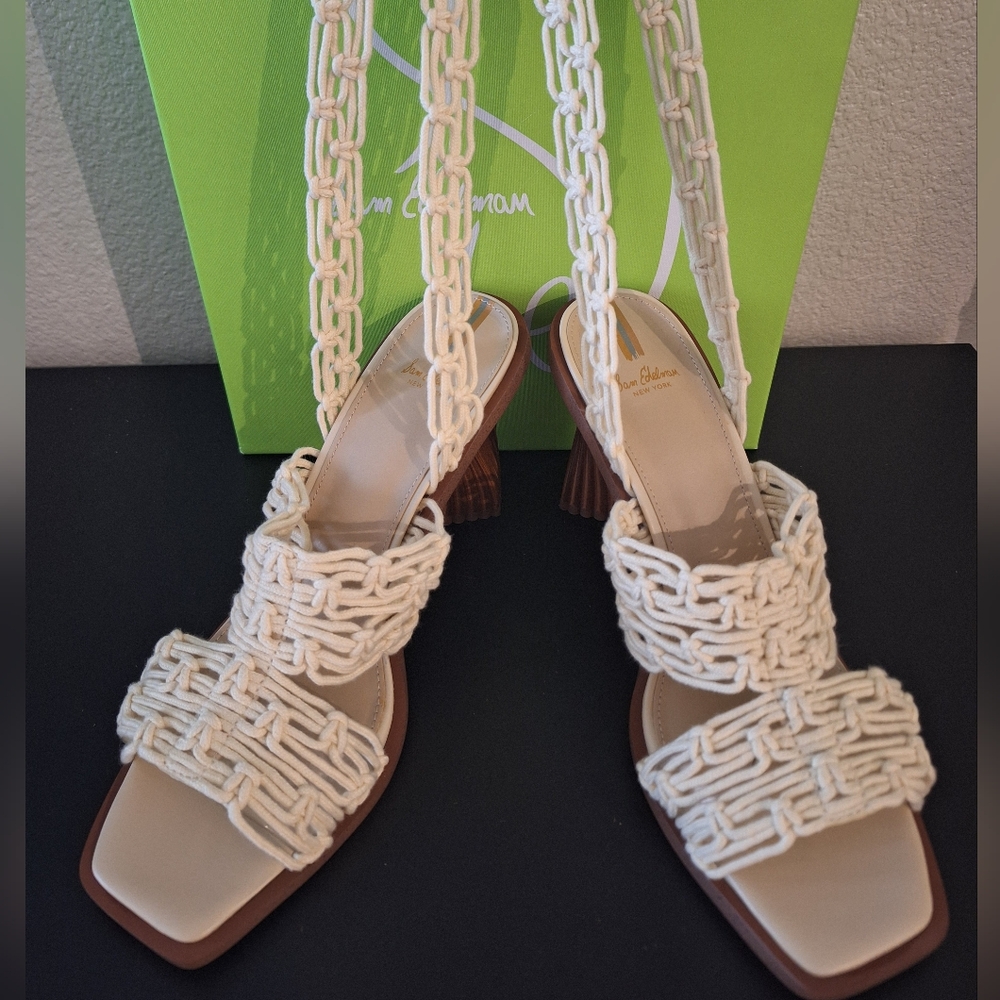 Sam Edelman Cream Braided Ankle-Tie Heels - Picture 2 of 15